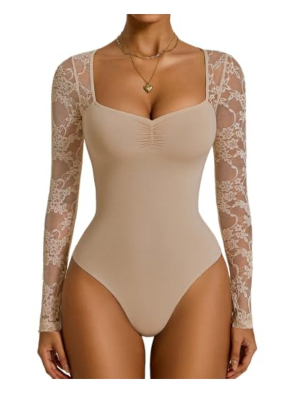 Lace Long Sleeve Bodysuit Sweetheart Neck Ruched Thong Snap Closure